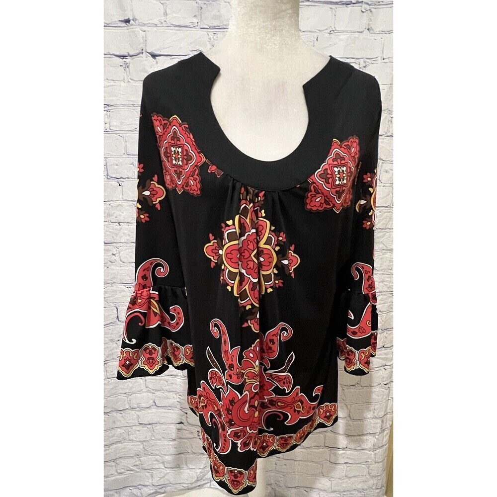 INC International Concepts Shift Dress Black Red Yellow 3/4 Belle Sleeves Large